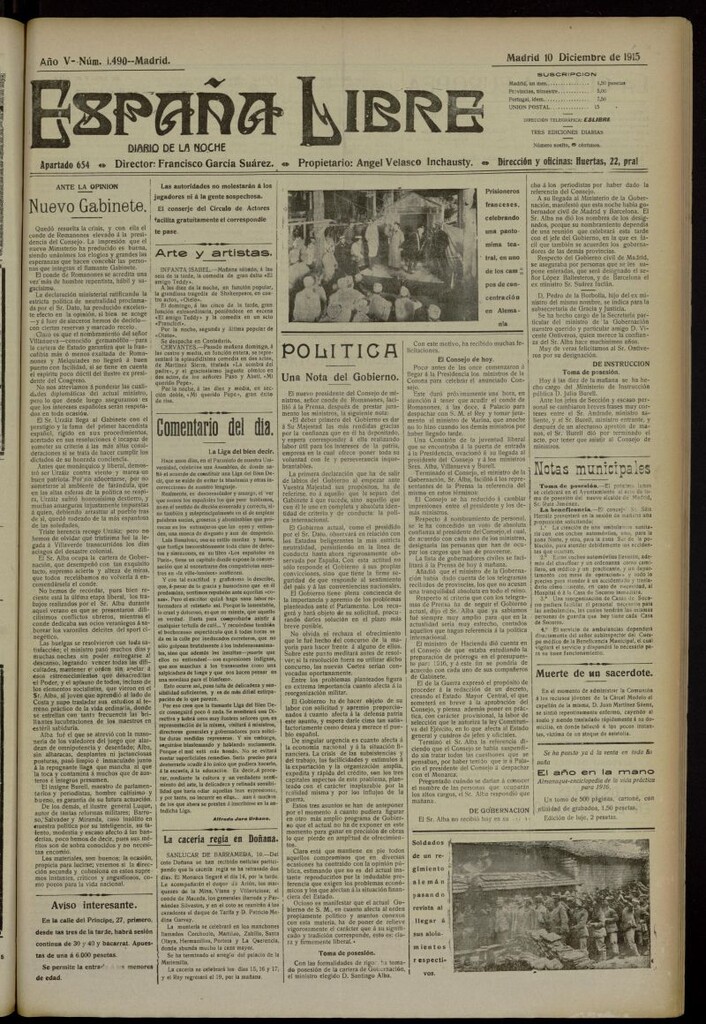 Miniatura de España Libre : Diario de la noche del 10 de diciembre de 1915, nº 1490