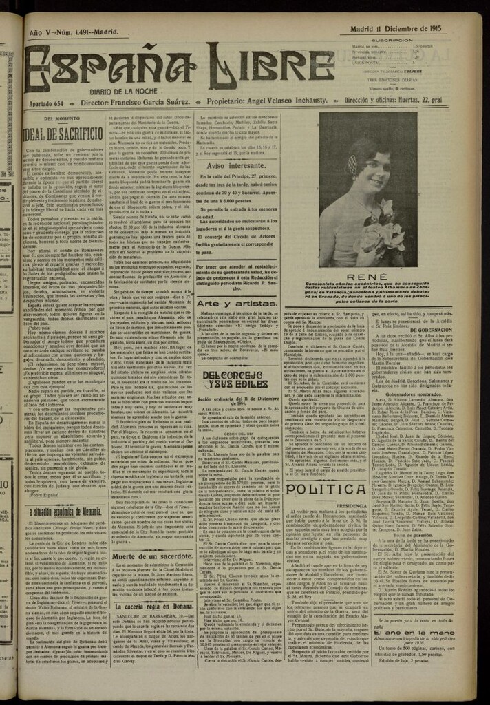 Miniatura de España Libre : Diario de la noche del 11 de diciembre de 1915, nº 1491