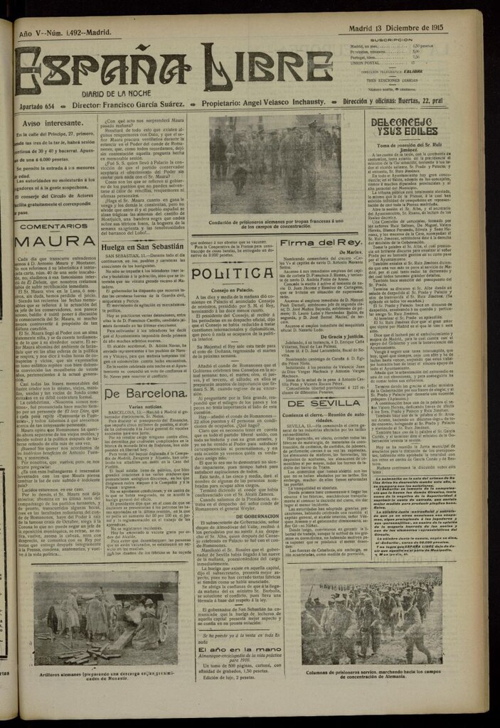 Miniatura de España Libre : Diario de la noche del 13 de diciembre de 1915, nº 1492