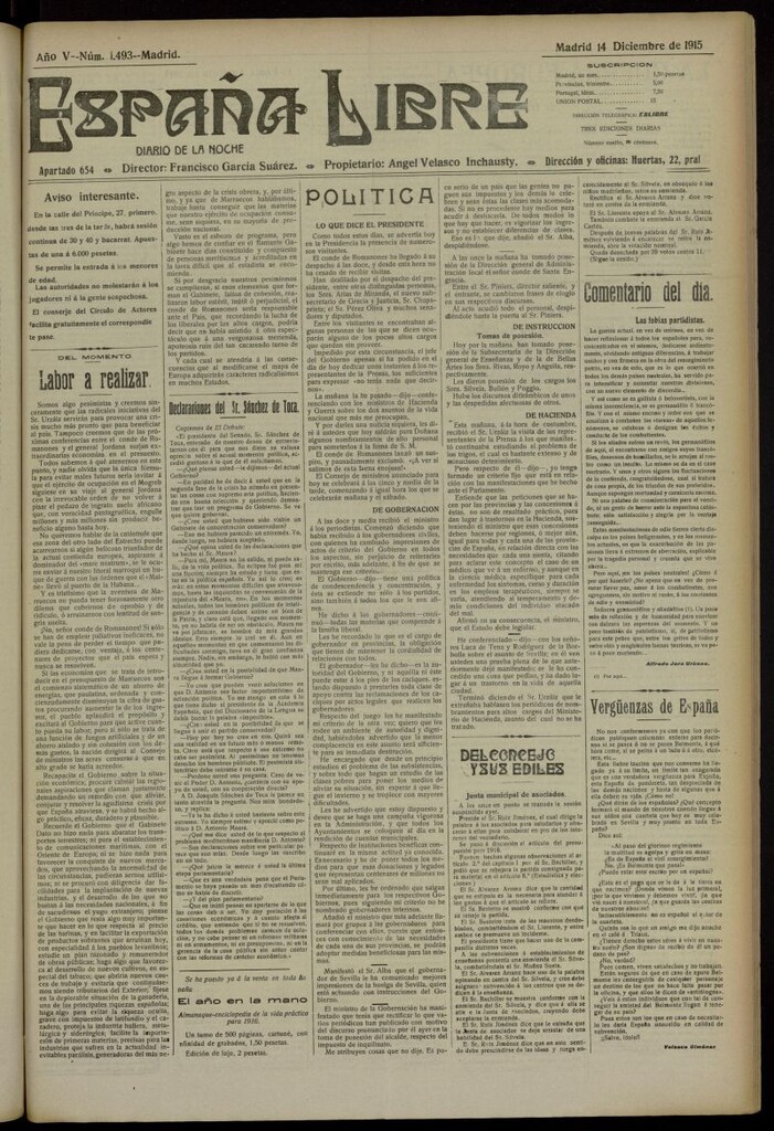 Miniatura de España Libre : Diario de la noche del 14 de diciembre de 1915, nº 1493