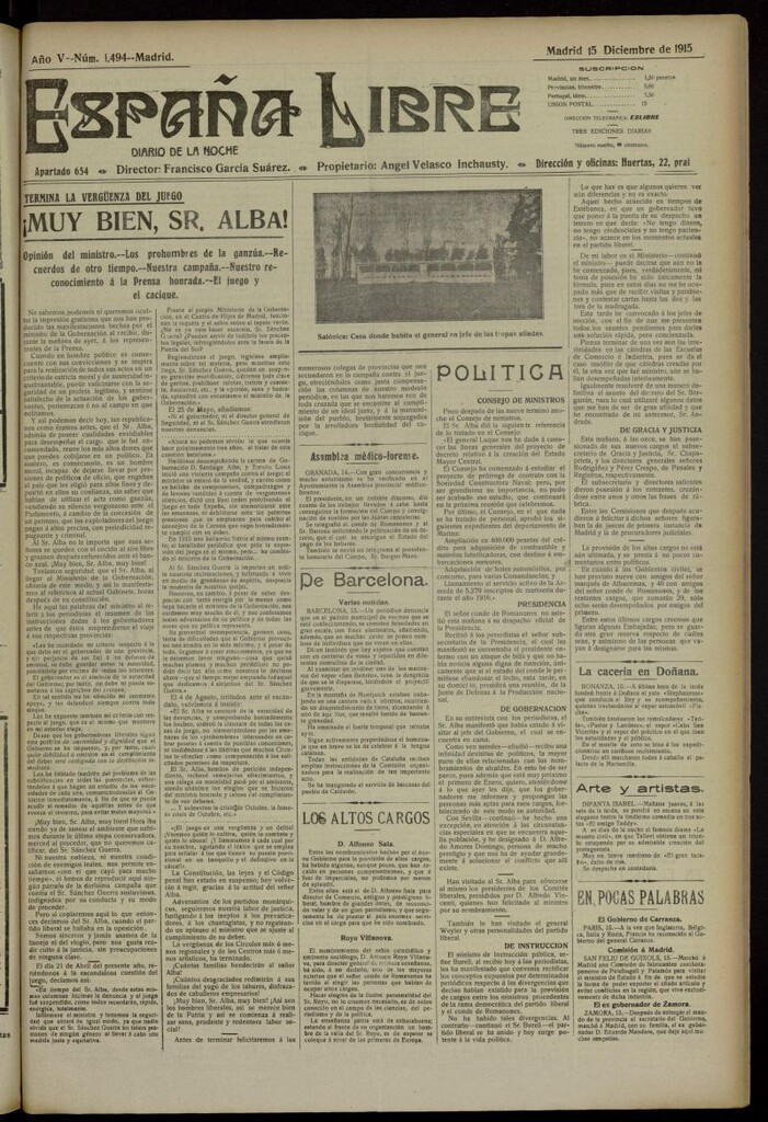Miniatura de España Libre : Diario de la noche del 15 de diciembre de 1915, nº 1494