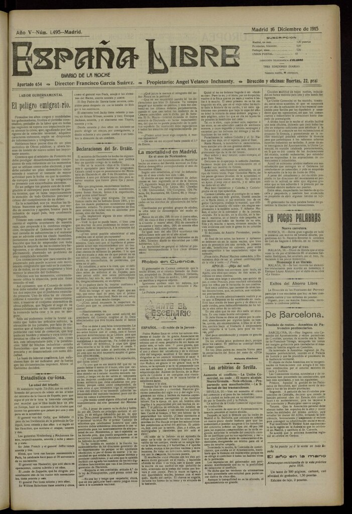 Miniatura de España Libre : Diario de la noche del 16 de diciembre de 1915, nº 1495