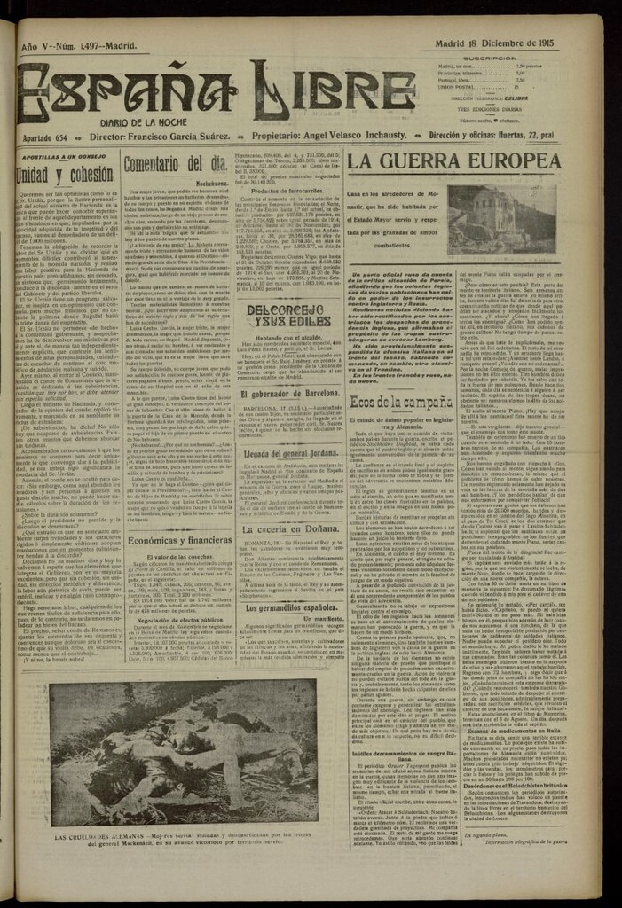 Miniatura de España Libre : Diario de la noche del 18 de diciembre de 1915, nº 1497