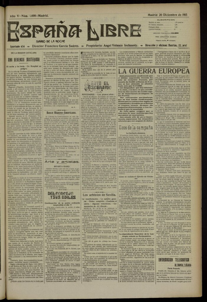 Miniatura de España Libre : Diario de la noche del 20 de diciembre de 1915, nº 1498