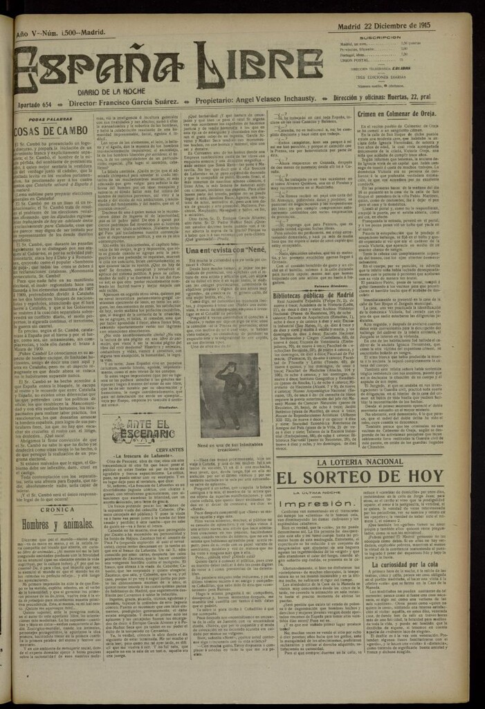 Miniatura de España Libre : Diario de la noche del 22 de diciembre de 1915, nº 1500