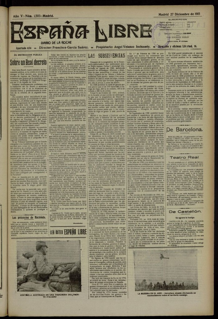 Miniatura de España Libre : Diario de la noche del 27 de diciembre de 1915, nº 1503