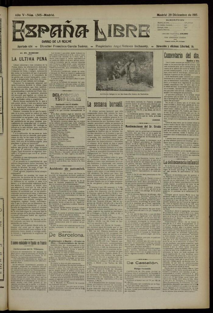 Miniatura de España Libre : Diario de la noche del 29 de diciembre de 1915, nº 1505