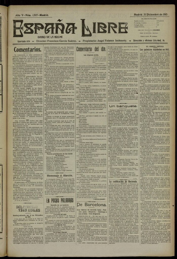 Miniatura de España Libre : Diario de la noche del 31 de diciembre de 1915, nº 1507