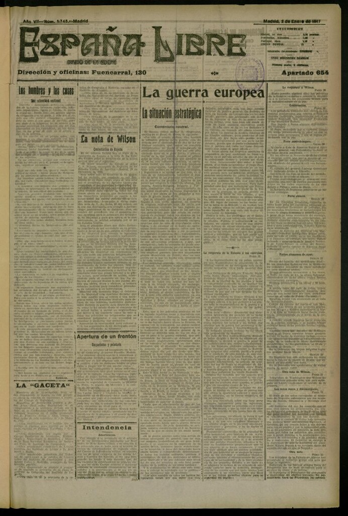 Miniatura de España Libre : Diario de la noche del 2 de enero de 1917, nº 1745