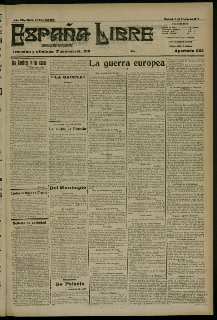 Miniatura de España Libre : Diario de la noche del 3 de enero de 1917, nº 1746