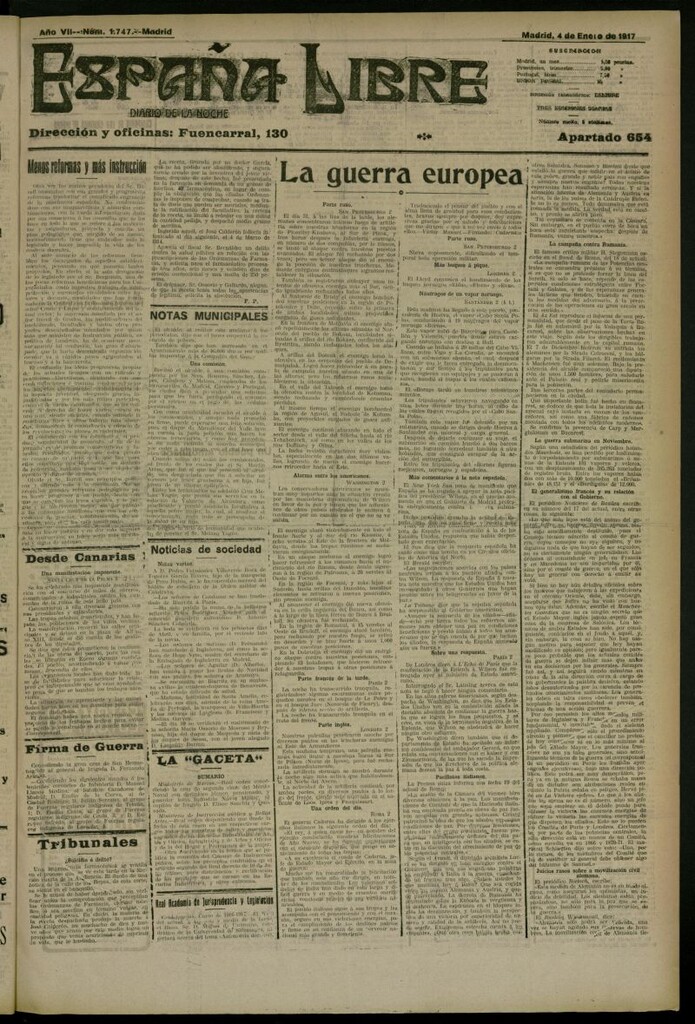 Miniatura de España Libre : Diario de la noche del 4 de enero de 1917, nº 1747