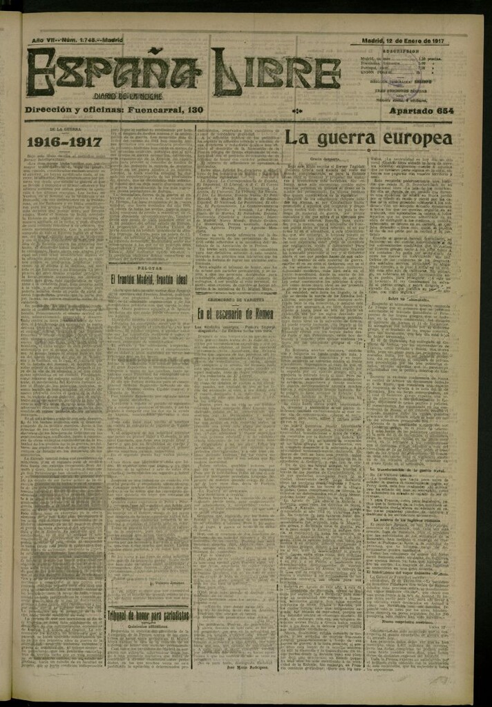 Miniatura de España Libre : Diario de la noche del 12 de enero de 1917, nº 1748