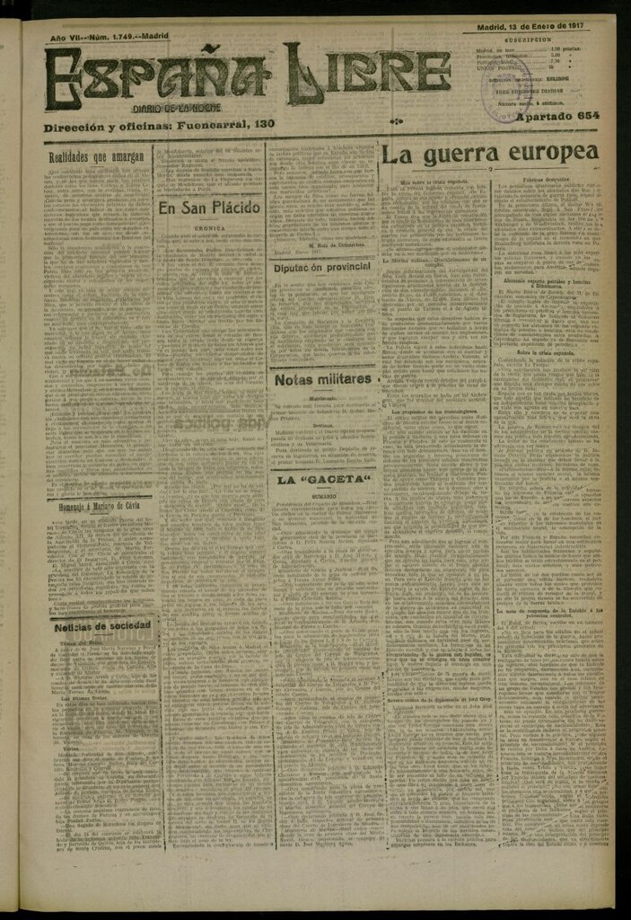 Miniatura de España Libre : Diario de la noche del 13 de enero de 1917, nº 1749