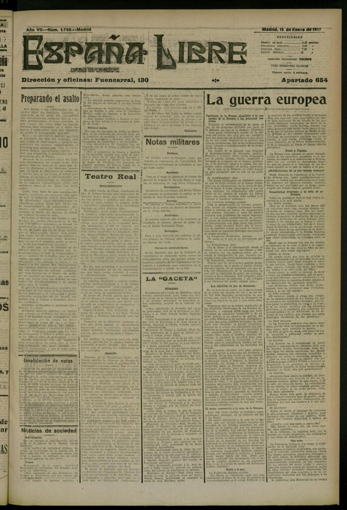 Miniatura de España Libre : Diario de la noche del 15 de enero de 1917, nº 1750