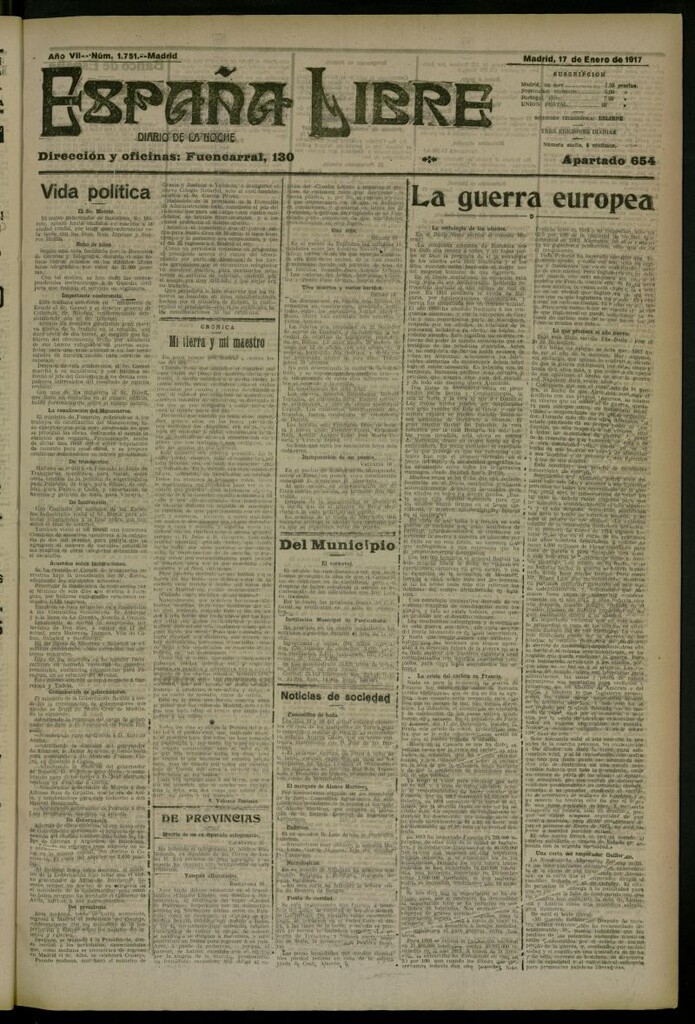 Miniatura de España Libre : Diario de la noche del 17 de enero de 1917, nº 1751