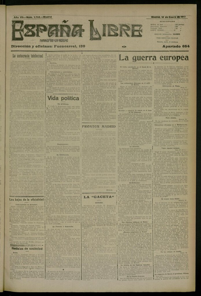 Miniatura de España Libre : Diario de la noche del 18 de enero de 1917, nº 1752