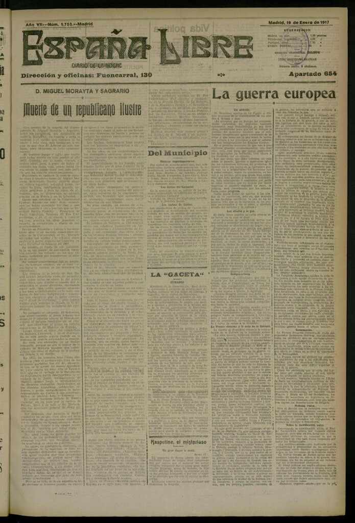 Miniatura de España Libre : Diario de la noche del 19 de enero de 1917, nº 1753