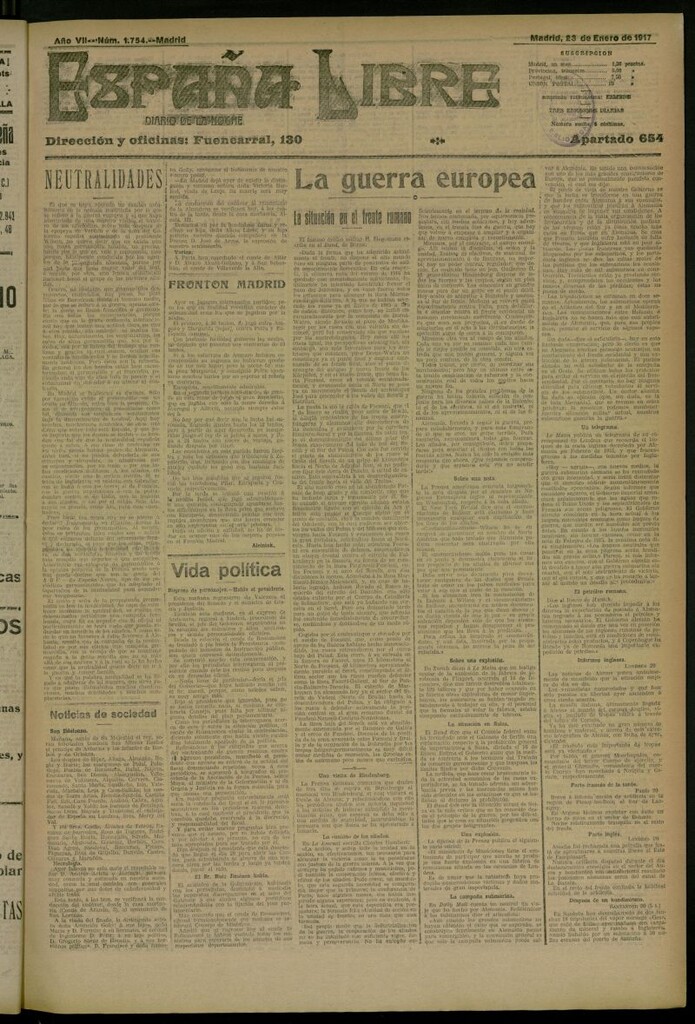 Miniatura de España Libre : Diario de la noche del 23 de enero de 1917, nº 1754
