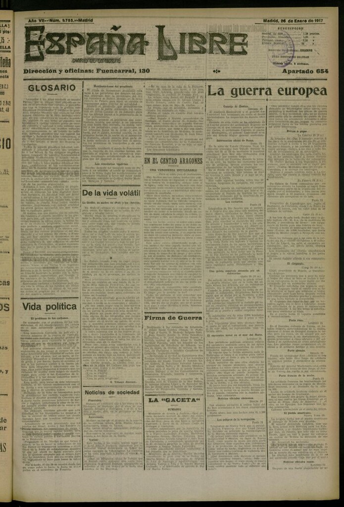 Miniatura de España Libre : Diario de la noche del 26 de enero de 1917, nº 1755