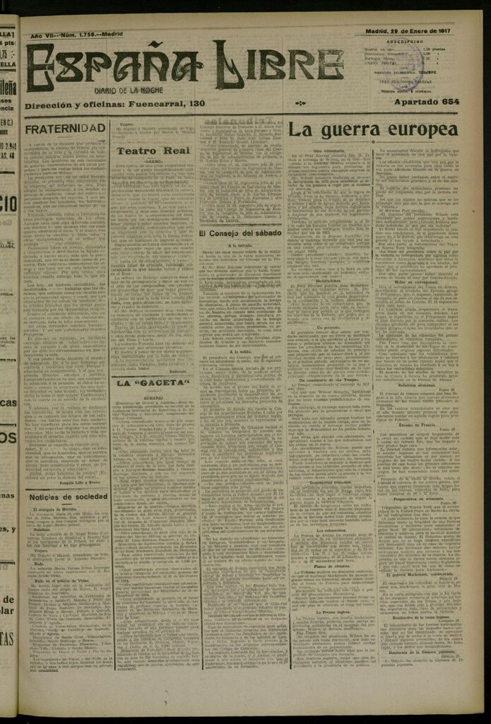 Miniatura de España Libre : Diario de la noche del 29 de enero de 1917, nº 1756