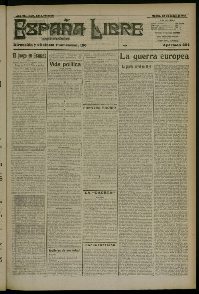 Miniatura de España Libre : Diario de la noche del 30 de enero de 1917, nº 1757