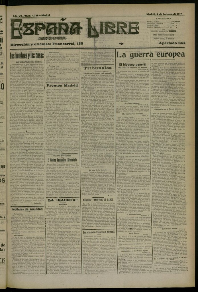 Miniatura de España Libre : Diario de la noche del 3 de febrero de 1917, nº 1758