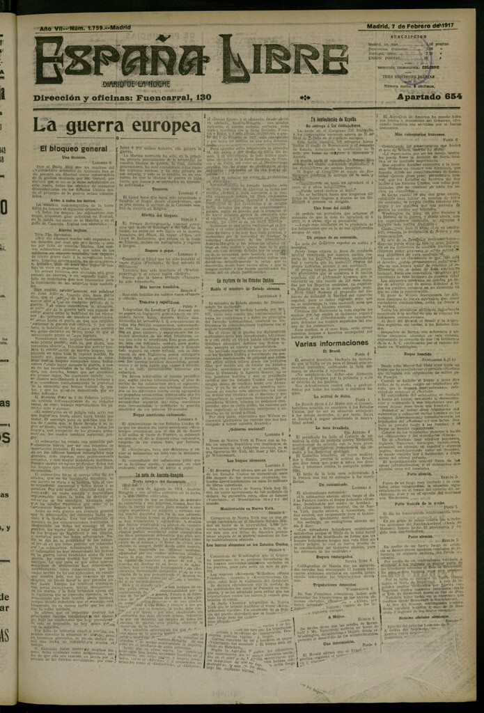 Miniatura de España Libre : Diario de la noche del 7 de febrero de 1917, nº 1759