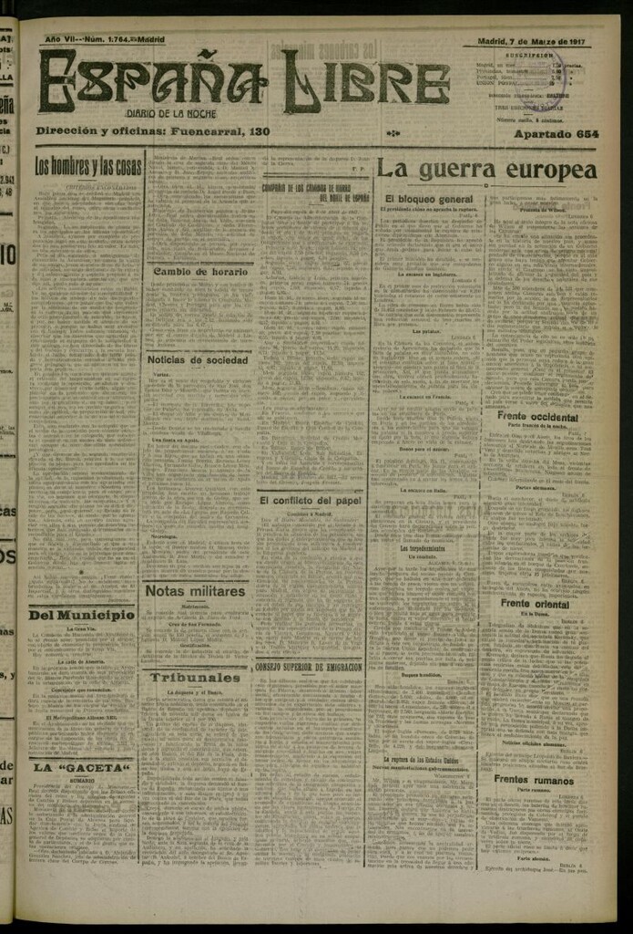 Miniatura de España Libre : Diario de la noche del 7 de marzo de 1917, nº 1764