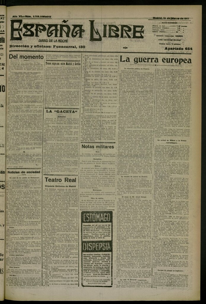 Miniatura de España Libre : Diario de la noche del 19 de marzo de 1917, nº 1766