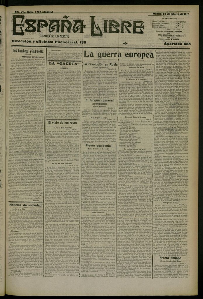 Miniatura de España Libre : Diario de la noche del 20 de marzo de 1917, nº 1767