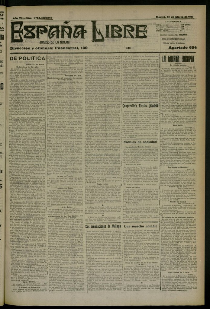 Miniatura de España Libre : Diario de la noche del 22 de marzo de 1917, nº 1768