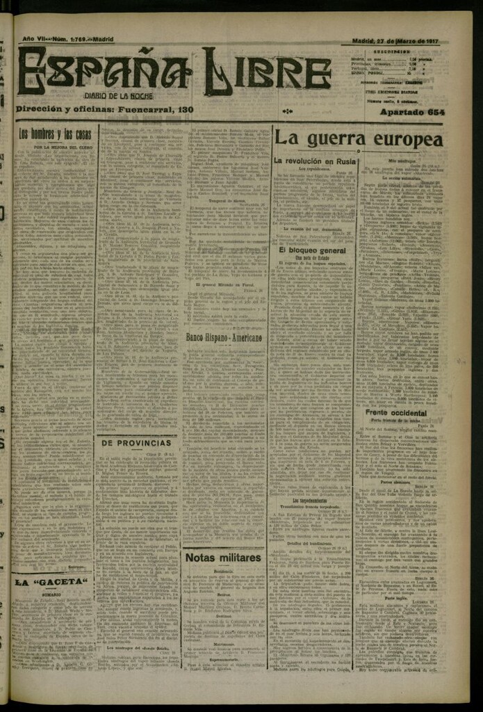 Miniatura de España Libre : Diario de la noche del 27 de marzo de 1917, nº 1769