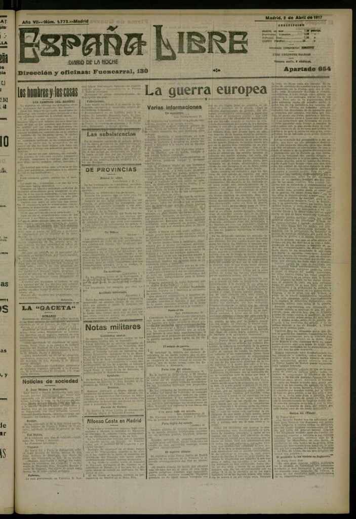 Miniatura de España Libre : Diario de la noche del 2 de abril de 1917, nº 1773
