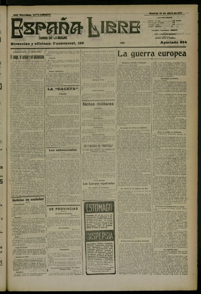 Miniatura de España Libre : Diario de la noche del 10 de abril de 1917, nº 1775