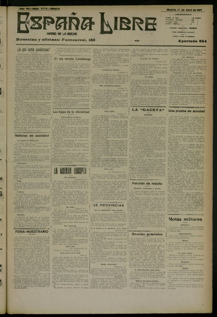 Miniatura de España Libre : Diario de la noche del 17 de abril de 1917, nº 1776