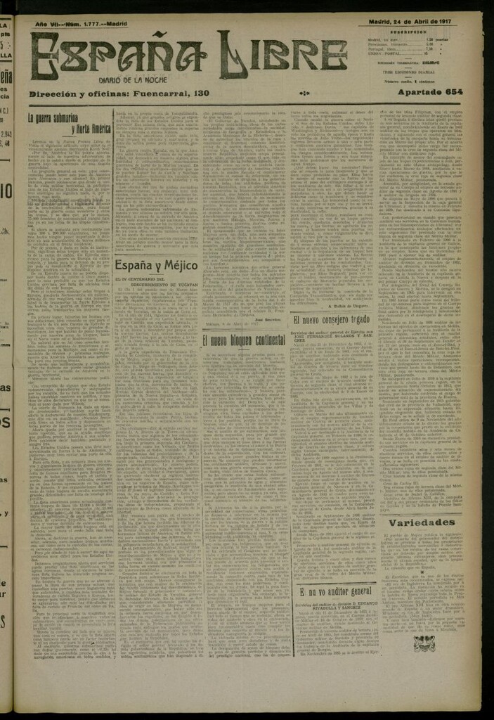Miniatura de España Libre : Diario de la noche del 24 de abril de 1917, nº 1777