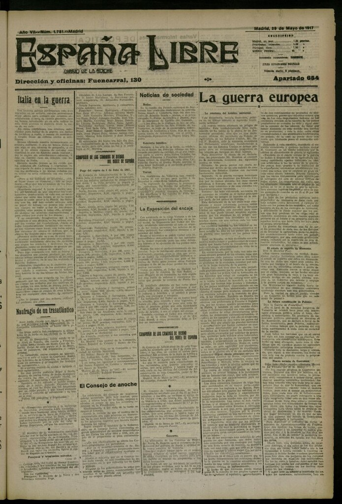 Miniatura de España Libre : Diario de la noche del 29 de mayo de 1917, nº 1781