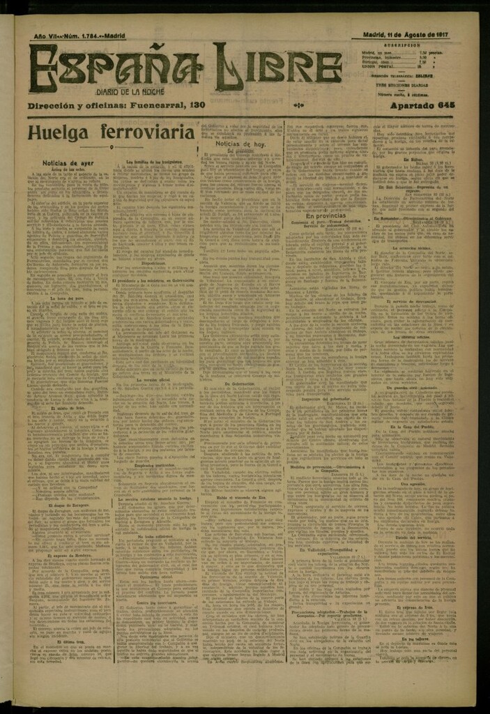 Miniatura de España Libre : Diario de la noche del 11 de agosto de 1917, nº 1784