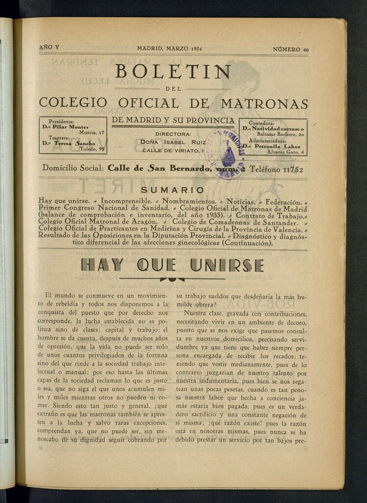 Miniatura de Boletín del Colegio Oficial de Matronas de Madrid y su Provincia de marzo de 1934