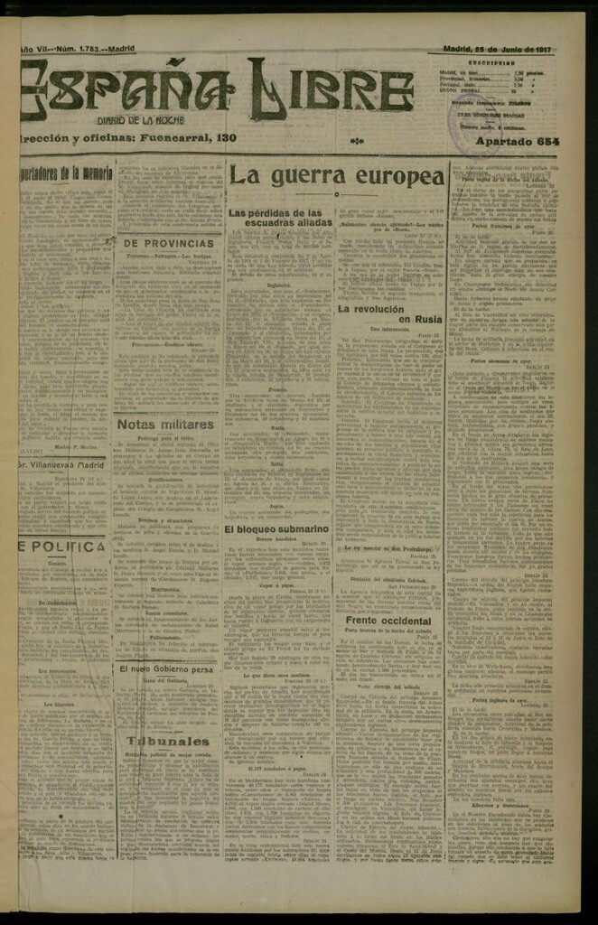 Miniatura de España Libre : Diario de la noche del 25 de junio de 1917, nº 1783