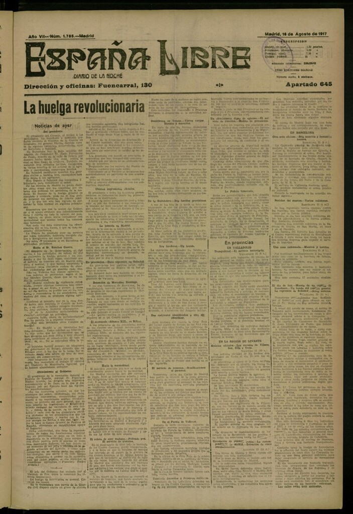 Miniatura de España Libre : Diario de la noche del 16 de agosto de 1917, nº 1785