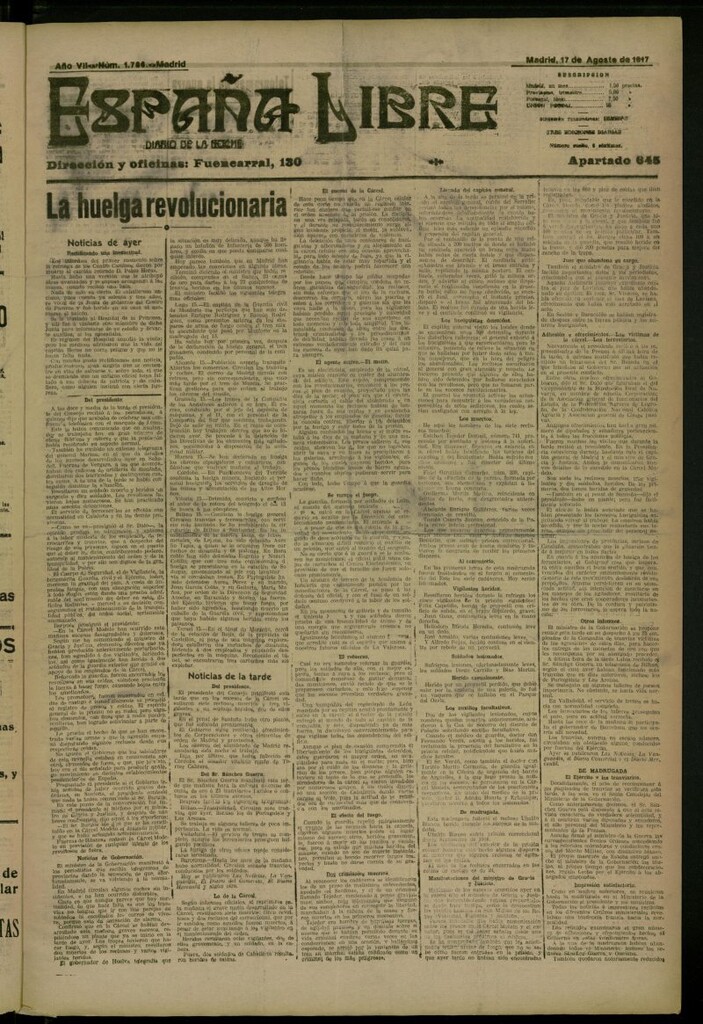 Miniatura de España Libre : Diario de la noche del 17 de agosto de 1917, nº 1786