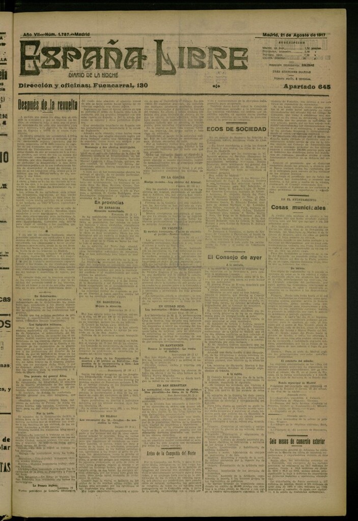 Miniatura de España Libre : Diario de la noche del 21 de agosto de 1917, nº 1787