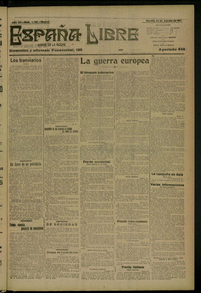 Miniatura de España Libre : Diario de la noche del 23 de agosto de 1917, nº 1789