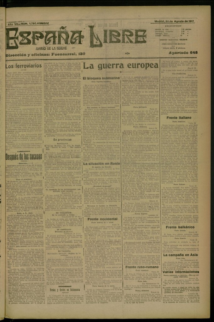 Miniatura de España Libre : Diario de la noche del 25 de agosto de 1917, nº 1790