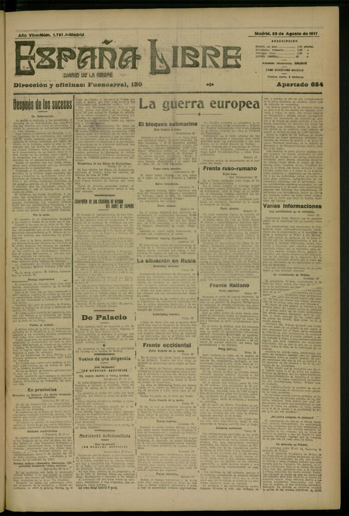Miniatura de España Libre : Diario de la noche del 29 de agosto de 1917, nº 1791