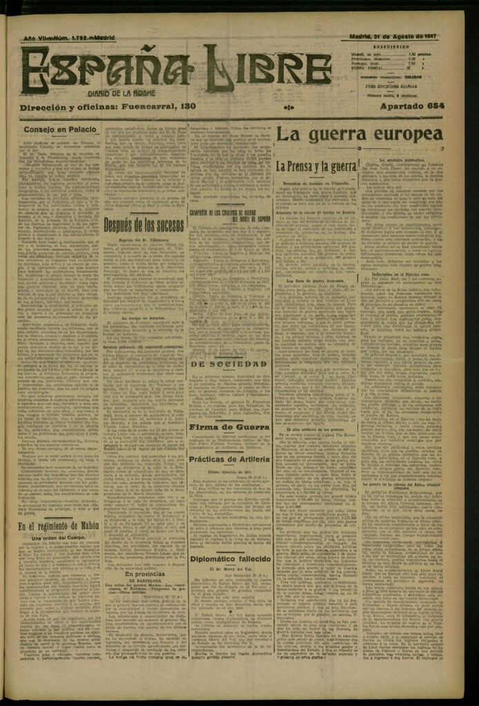 Miniatura de España Libre : Diario de la noche del 31 de agosto de 1917, nº 1792