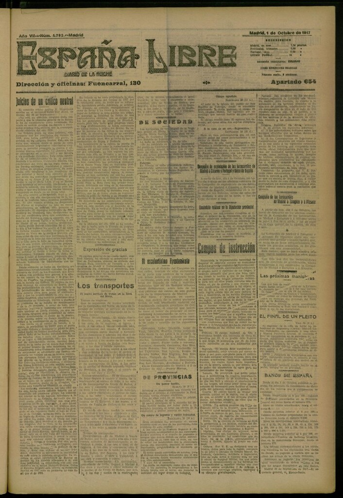 Miniatura de España Libre : Diario de la noche del 1 de octubre de 1917, nº 1793