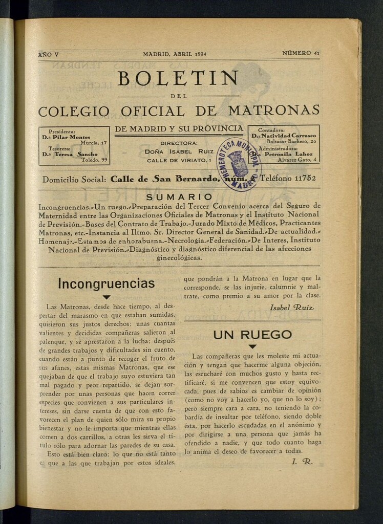 Miniatura de Boletín del Colegio Oficial de Matronas de Madrid y su Provincia de abril de 1934