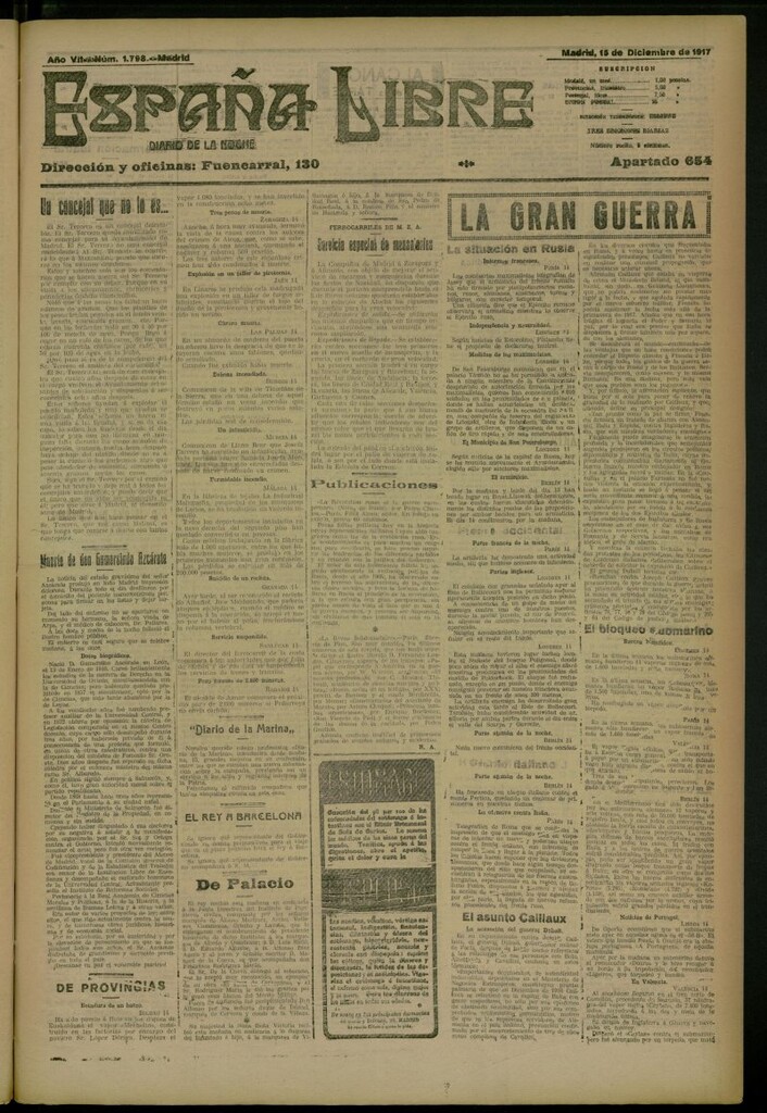 Miniatura de España Libre : Diario de la noche del 15 de diciembre de 1917, nº 1798